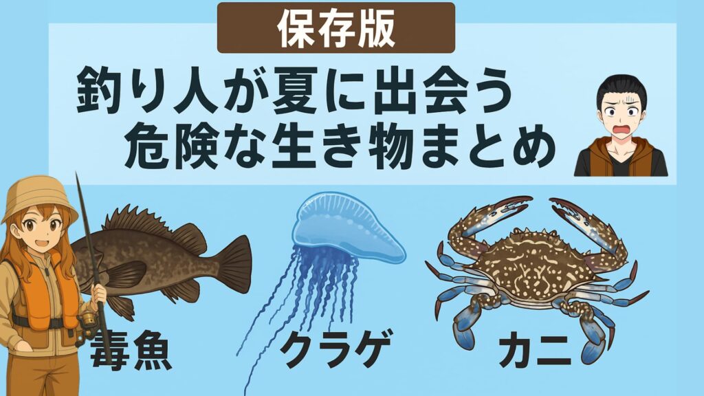 「保存版：釣り人が夏に出会う危険な生き物まとめ」というタイトルのアイキャッチ画像。毒魚、クラゲ、カニのイラストが描かれ、それぞれの名前が日本語で表示されている。背景は青色で、夏の海のイメージを演出している。