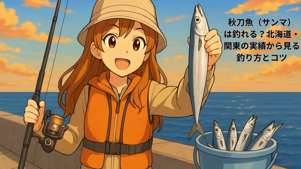 堤防で釣りを楽しむ女性キャラクターが秋空の下、釣り竿を持ちながら新鮮なサンマを掲げ、横にはバケツいっぱいのサンマが並んでいるアニメ風イラスト