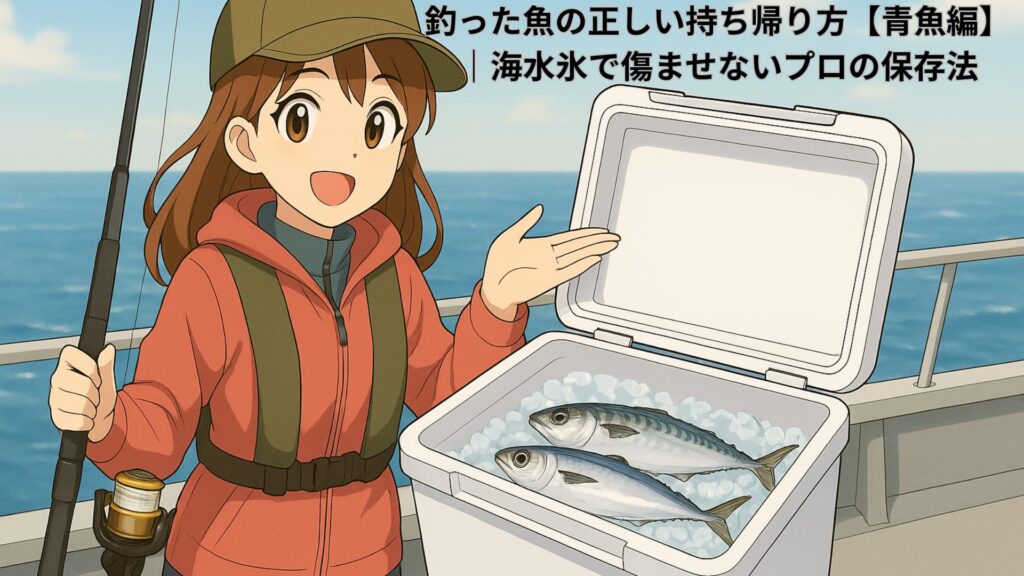 海水氷のクーラーボックスで青魚を冷やしながら笑顔で解説する菜々子のアニメイラスト