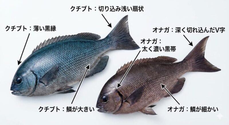 クチブトとオナガの比較画像