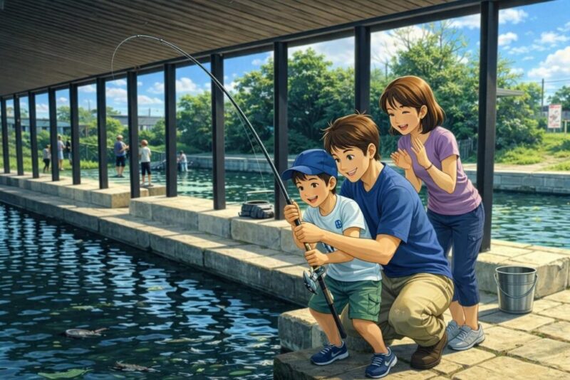 手賀沼フィッシングセンター。家族で釣りを楽しむイラスト