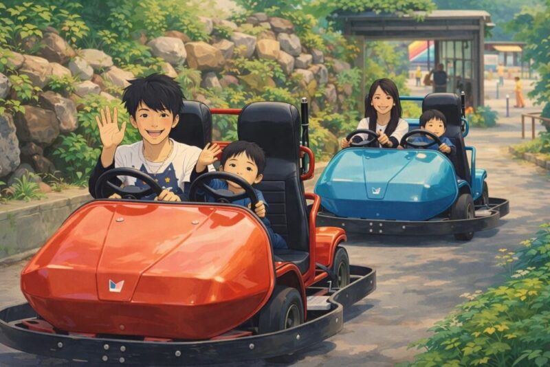 那須渓流パーク。大自然の山の中でゴーカートを楽しむ家族