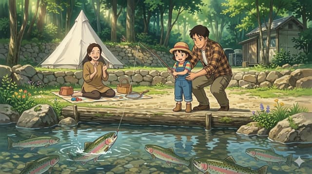 つくば園ニジマス釣り堀で家族釣り