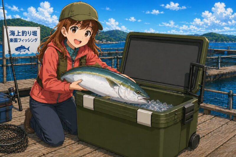 海上釣り堀の桟橋で菜々子が笑顔で大型の鰤をキャスター付きクーラーボックスに入れるイラスト。大容量クーラーボックスには氷と複数の青物が収まり、海上釣り堀での大物釣果に対応できる様子を表現している。