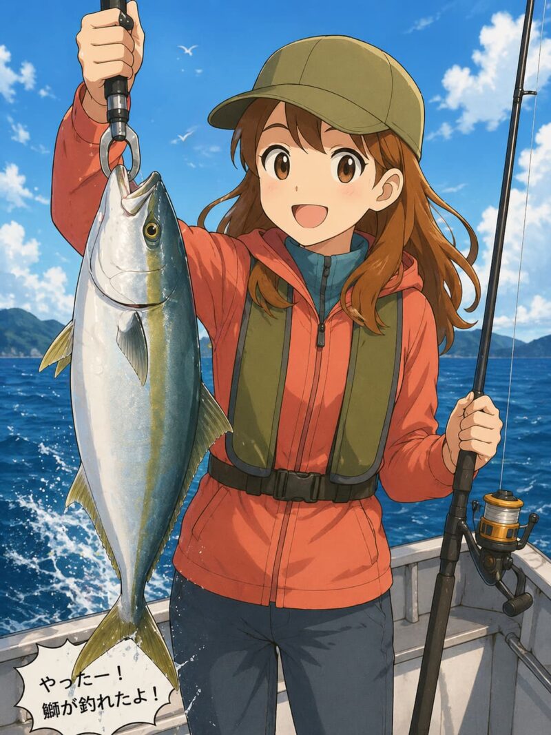 海上釣り堀の桟橋で菜々子が大型の鰤をキャスター付きクーラーボックスに入れるイラスト。青物にも対応できる45Lクラスの収納力を表現