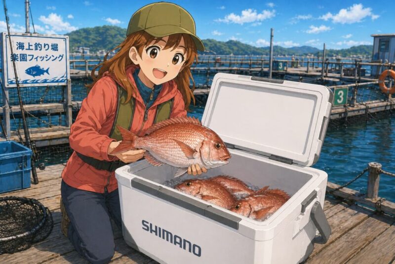 海上釣り堀の桟橋で菜々子が笑顔で真鯛をクーラーボックスに入れるイラスト。大容量のシマノ製クーラーボックスには複数の真鯛が収まり、釣果収納のイメージを表現している。