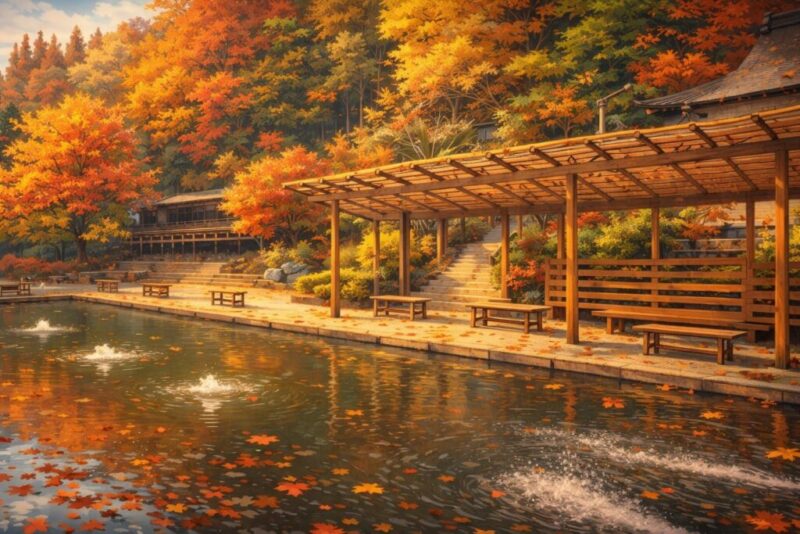 養老渓谷釣り堀センター。紅葉イメージイラスト