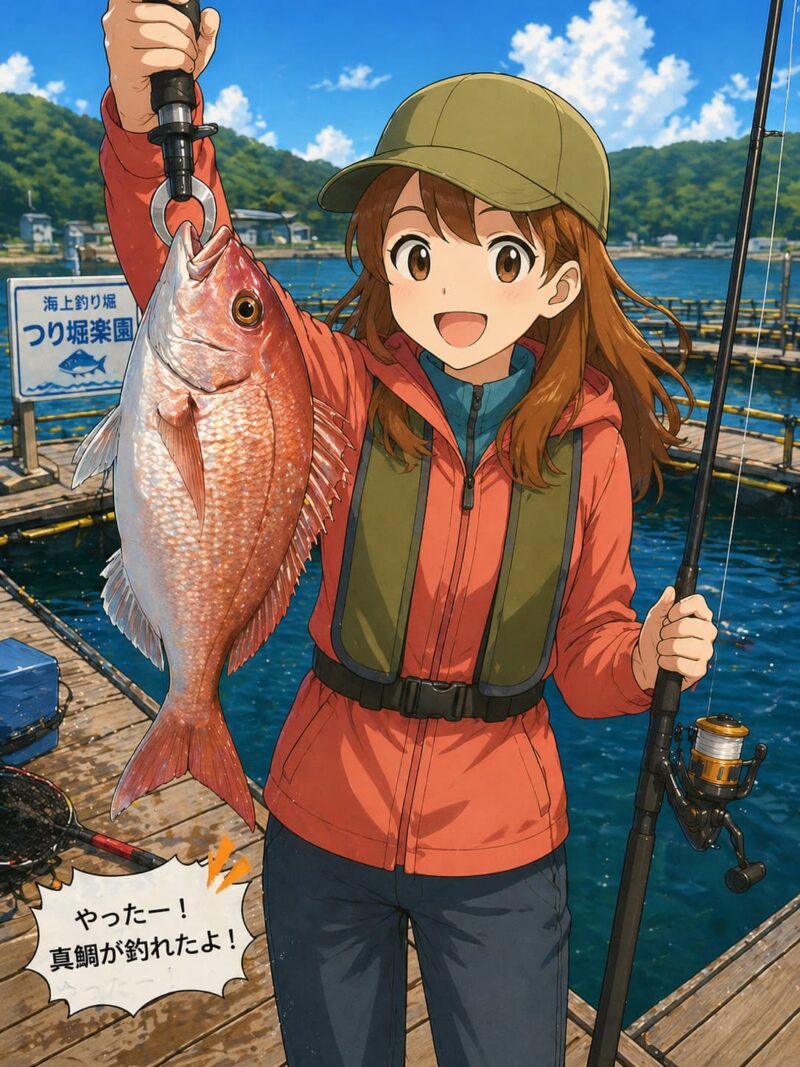 海上釣り堀で菜々子が真鯛を数匹クーラーボックスに入れるイラスト。少人数釣行や35Lで足りるケースを解説