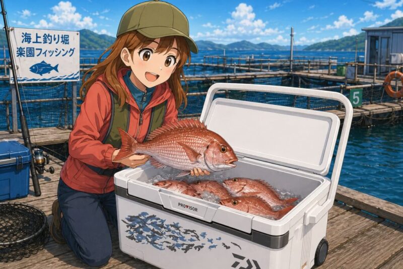 海上釣り堀の桟橋で菜々子が笑顔で真鯛を大型クーラーボックスに入れるイラスト。キャスター付きクーラーボックスには氷と複数の真鯛が収まり、釣果をたっぷり持ち帰れる様子を表現している。