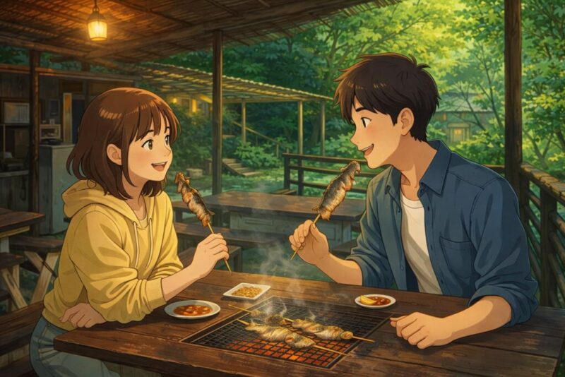 養老渓谷釣り堀センターBBQセンター。釣ったニジマスの塩焼きを楽しむカップル