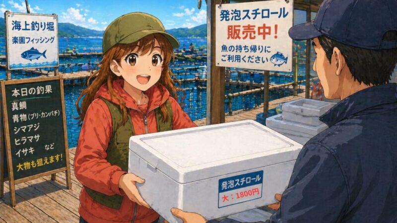 海上釣り堀で持ち帰り用の発泡スチロール箱を購入する菜々子のイラスト。クーラーボックスがなくても持ち帰れる代替手段を表現