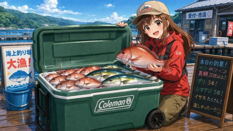 海上釣り堀の桟橋で菜々子が真鯛を持ちながら、コールマンのエクストリームクーラーに青物や真鯛を収納するイラスト。アウトドア兼用で使いやすい大型クーラーボックスの収納力を表現している。
