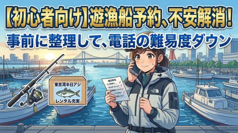東京湾の釣り船をバックに、確認事項のメモを見ながら笑顔で予約電話をかける女性釣り人のイラスト。上部には「初心者向け遊漁船予約、不安解消!事前に整理して、電話の難易度ダウン」のイラスト