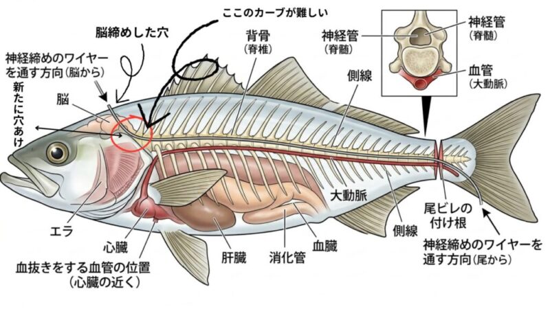 ワラサ解剖図。脳締めの穴からの神経締めの難しい理由をイラストで解説
