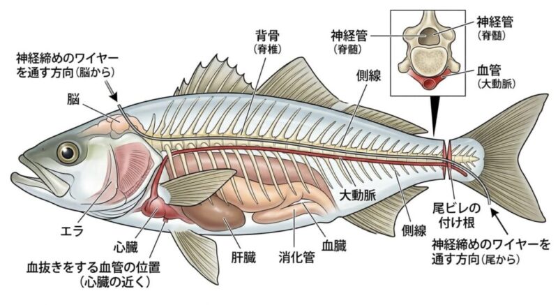 ワラサの解剖図、中骨と大動脈、神経管、脳や心臓が視覚的に分かる解説イラスト