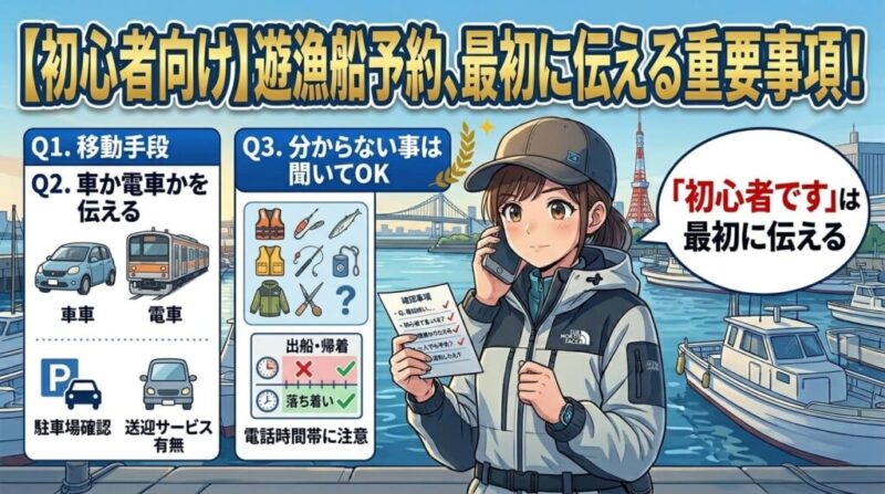 東京湾の釣り船を背景に、スマホで予約電話をかけながら「初心者です」と伝える女性釣り人のイラスト。左側には、車や電車のアイコン、駐車場の確認、出船・帰着時の電話時間帯への注意など、予約時に伝えるべき重要事項が分かりやすくまとめられている。