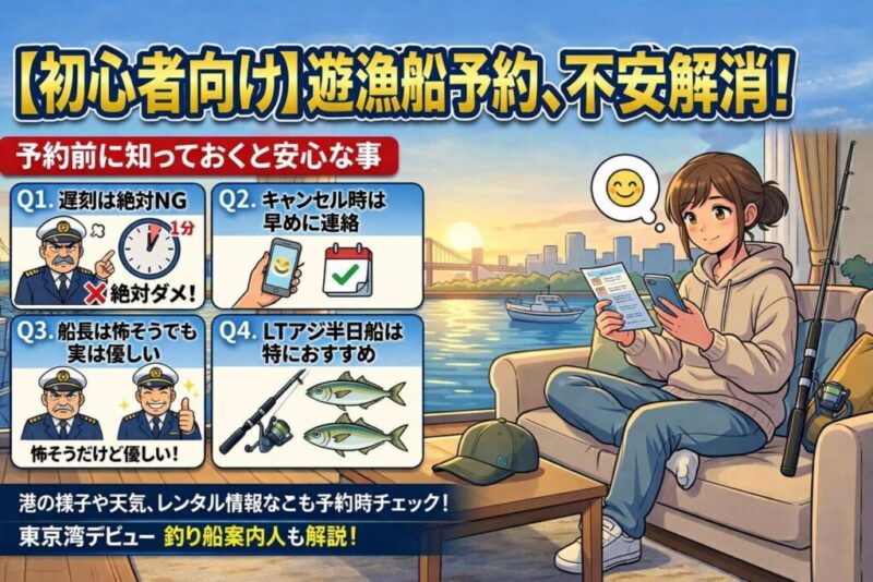 自宅のリビングのソファで、パーカーなどのラフな服装でリラックスしながらスマホとメモを見る女性釣り人のイラスト。左側には「遅刻は絶対NG」「キャンセル時は早めに連絡」「船長は怖そうでも実は優しい」「LTアジ半日船は特におすすめ」という、予約前に知っておくべき4つの安心ポイントがアイコン付きで分かりやすくまとめられている。