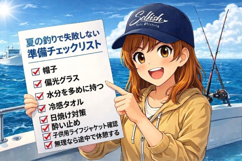 真夏の海で、魚の鮮度管理について解説する女の子(菜々子)。黄色いパーカーと帽子を着用し、準備チェックリストを指差している。手前には氷と魚の入ったクーラーボックス、背景には海と漁船が見える。鮮度管理の重要性を伝えるブログの見出し画像