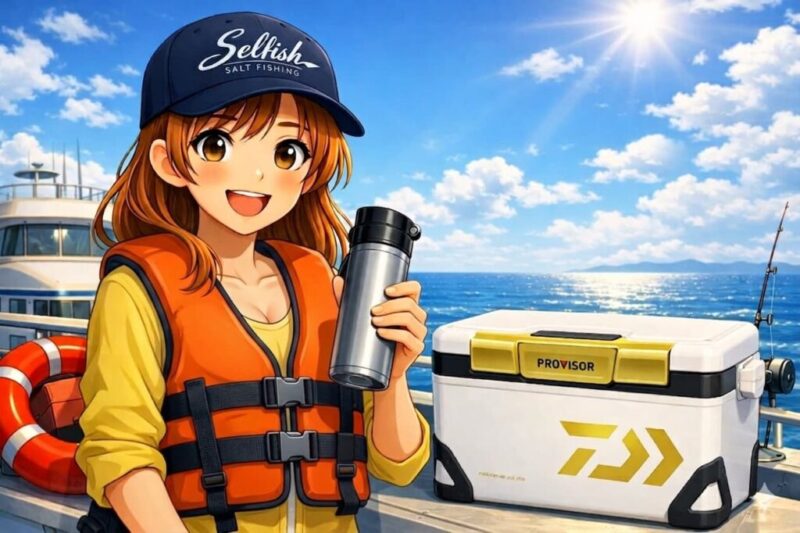 夏の船釣りで安全対策をする菜々子が、Selfish Salt Fishingの帽子とライフジャケットを着けて笑顔で水筒を持っている。隣には白とゴールドのPROVISOR-HD ZSS 2700クーラーボックスが置かれ、背景には青い海と晴れた空が広がっている。