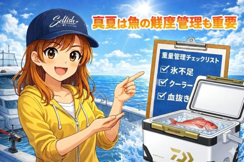 真夏の海で、魚の鮮度管理について解説する女の子(菜々子)。黄色いパーカーと帽子を着用し、チェックリストを指差している。手前には氷と魚の入ったクーラーボックス、背景には海と漁船が見える。鮮度管理の重要性を伝えるブログの見出し画像