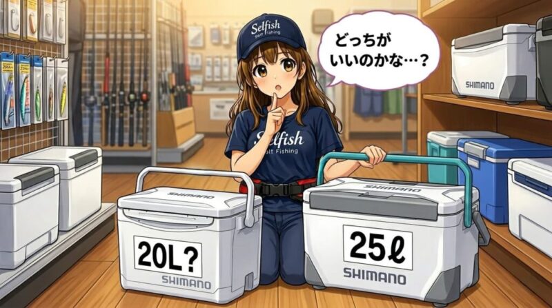 20ℓ・25ℓどちら?悩む菜々子のイラスト