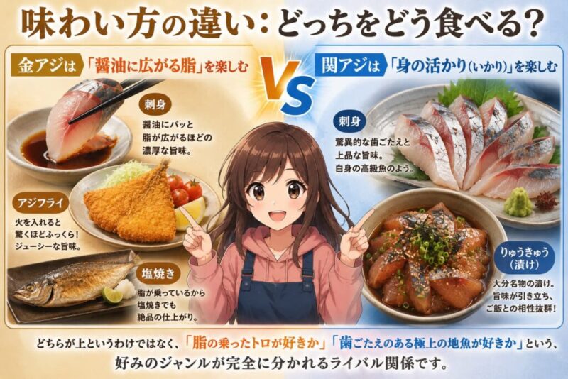 金アジと関アジのおすすめの食べ方を比較するイラスト。金アジは刺身・アジフライ・塩焼き、関アジは刺身やりゅうきゅう(漬け)で楽しむ特徴を菜々子が解説。
