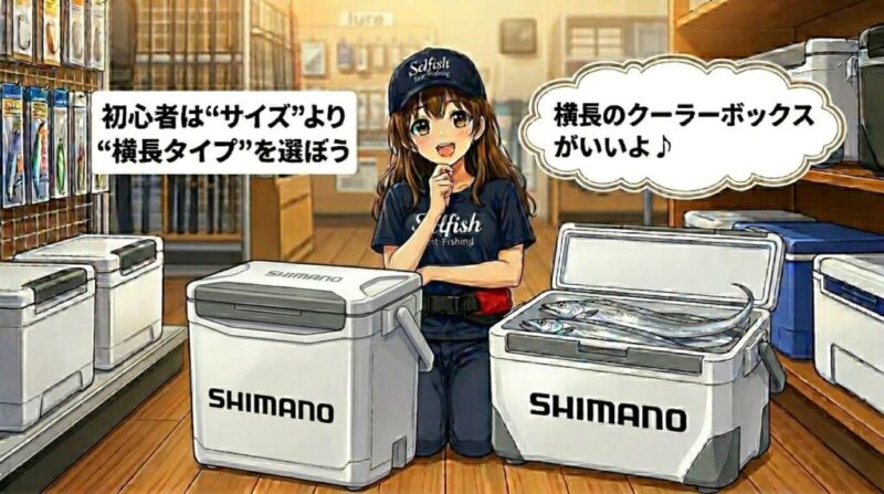 釣具店でシマノのクーラーボックスを選ぶ初心者女性のイラスト。魚を曲げずに収納できる横長タイプを推奨する日本語テキスト(「初心者は“サイズ”より“横長タイプ”を選ぼう」「横長のクーラーボックスがいいよ♪」)が含まれている。