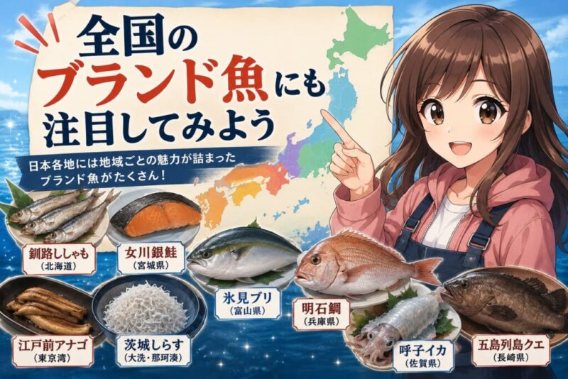菜々子が日本地図を指差しながら全国のブランド魚を紹介するイラスト。釧路ししゃも、女川銀鮭、氷見ブリ、明石鯛、江戸前アナゴ、茨城しらす、呼子イカ、五島列島クエなど各地の名産魚を掲載。