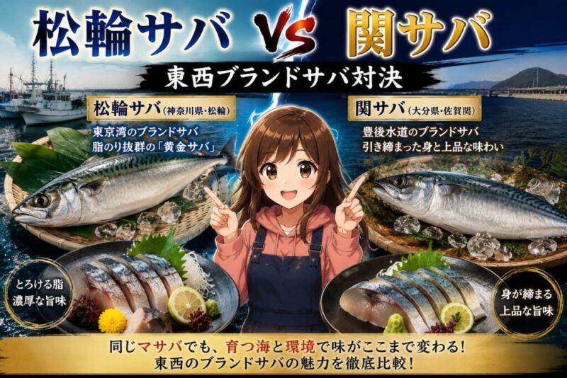 松輪サバと関サバを比較するイメージ。東西を代表するブランドサバの産地・脂のり・味の違いを解説
