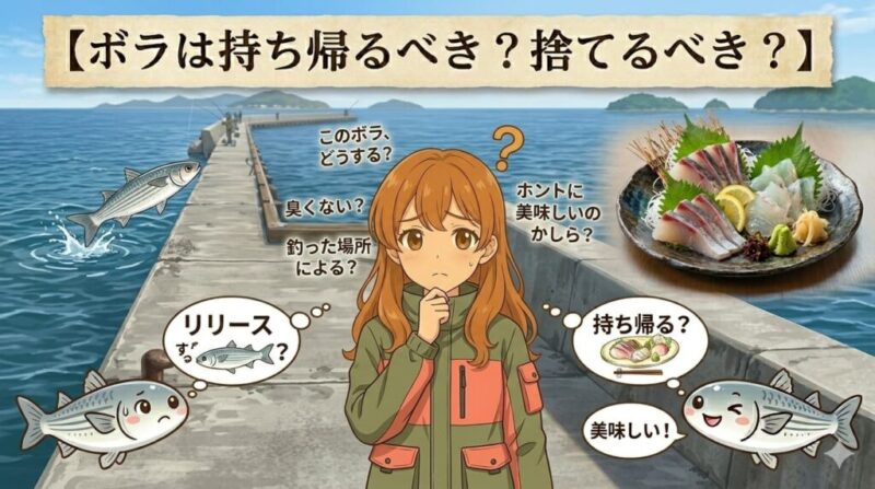 釣ったボラを持ち帰るかリリースするか悩む様子を描いたアニメ風イラスト。画像内には『ボラは持ち帰るべき?捨てるべき?』のタイトル、悩む菜々子、そして美味しそうな刺身の画像が描かれている。