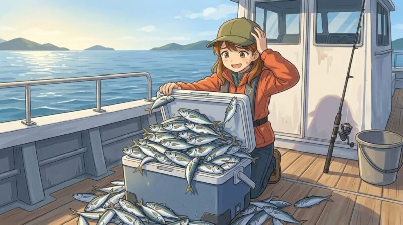 東京湾のLTアジ釣りで、用意したクーラーボックスに入りきらないほどの大漁に苦笑いする菜々子のイラスト