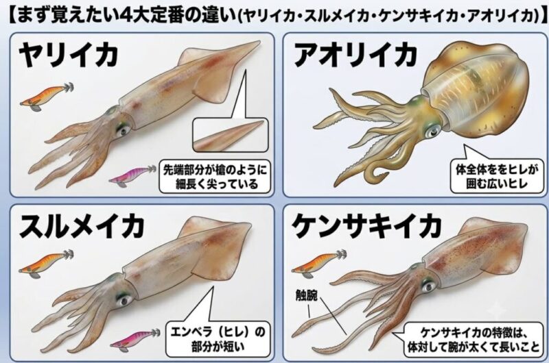 まず覚えたい4大定番の違い(ヤリイカ・スルメイカ・ケンサキイカ・アオリイカ)解説イラスト