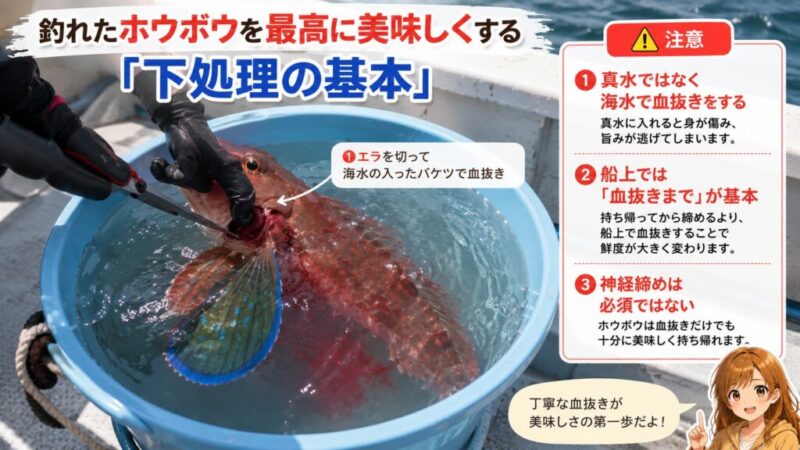 ホウボウの船上での下処理。血抜き画像