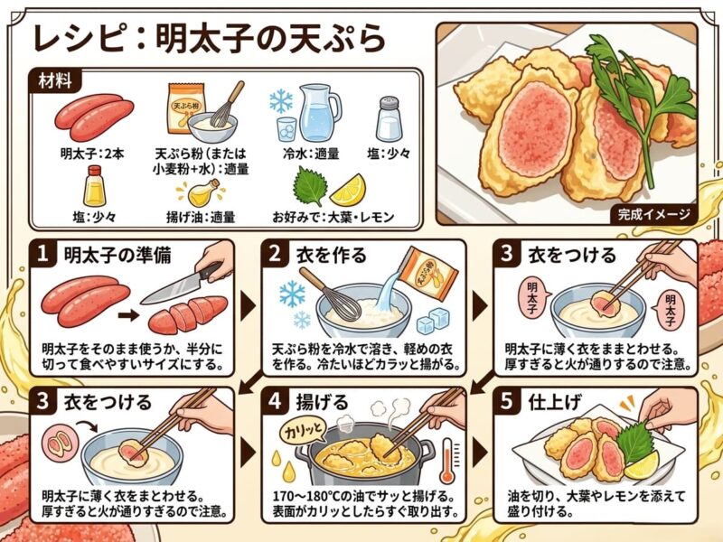 【明太子の天ぷら】解説用インフォグラフィック画像