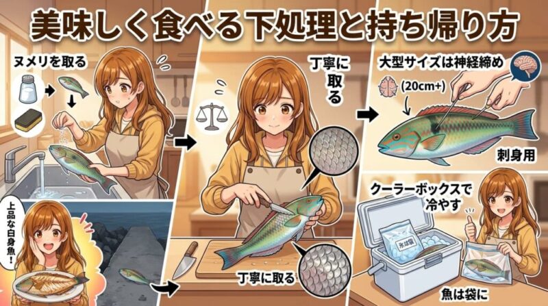ベラ(キュウセン)を美味しく食べる下処理と持ち帰り方を解説するブログ見出し画像。キャラクターの菜々子が、ヌメリ取り・ウロコ取り・大型の神経締め・クーラーボックスでの保冷手順をイラストで紹介。