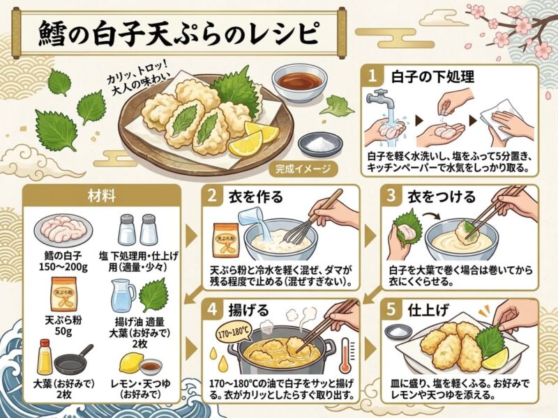 【鱈の白子天ぷら】解説用インフォグラフィック画像