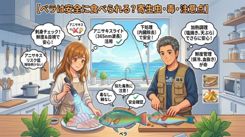 ブログ記事『ベラは安全に食べられる?寄生虫・毒・注意点』の見出し画像。キッチンで、キャラクターの菜々子がアニサキスライト(365nm波長)を使って刺身を確認し、磯風が調理するイラスト。下処理、加熱調理、鮮度管理、毒の有無(毒なし、棘なし、似た毒魚に注意)などの注意点を解説。