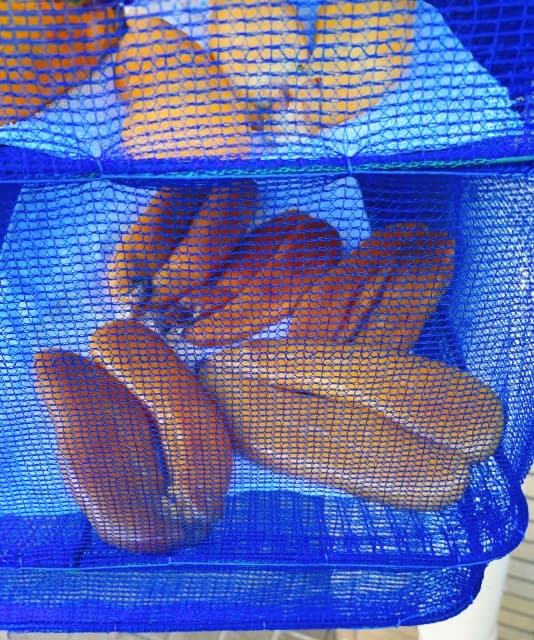 干しかごで乾燥させる自家製ボラのカラスミ