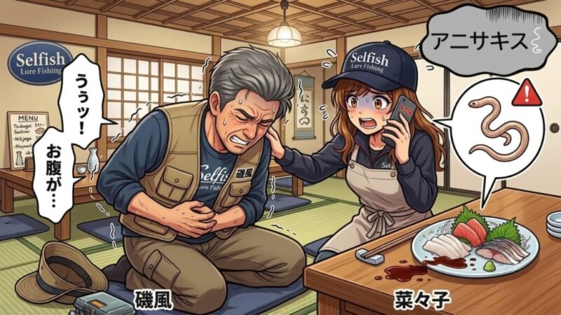 アニサキス注意喚起イラスト。アニサキスに当る磯風