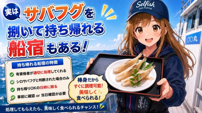 有資格者が処理したシロサバフグの棒身を持ち帰れる船宿があることを紹介する菜々子と棒身のイメージイラスト
