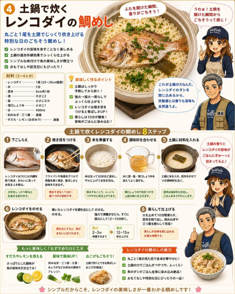 土鍋で炊くレンコダイの鯛めしインフォグラフィック画像