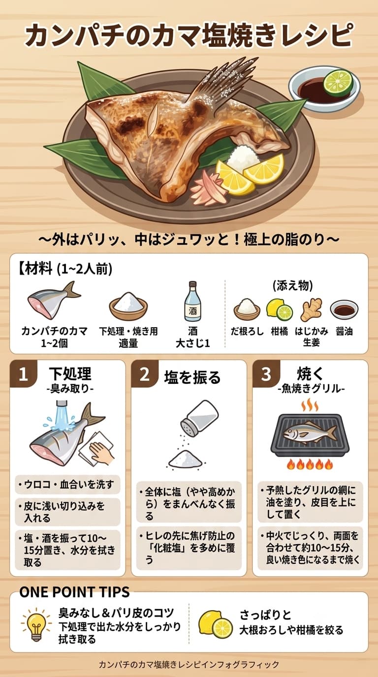 【カンパチのカマ塩焼き】レシピ解説インフォグラフィック画像