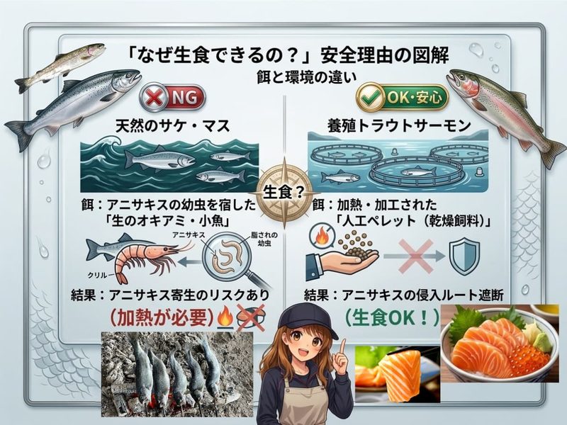 「なぜ生食できるの?」安全理由の図解(アニサキスの見出し用)