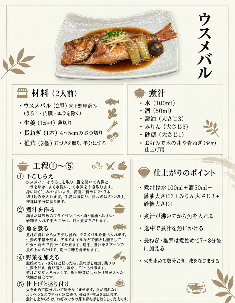和食らしい落ち着いた生成り背景の「ウスメバルの煮付け」レシピインフォグラフィック。材料、煮汁の黄金比、5ステップの工程と美味しく仕上げるポイントを上品に図解。
