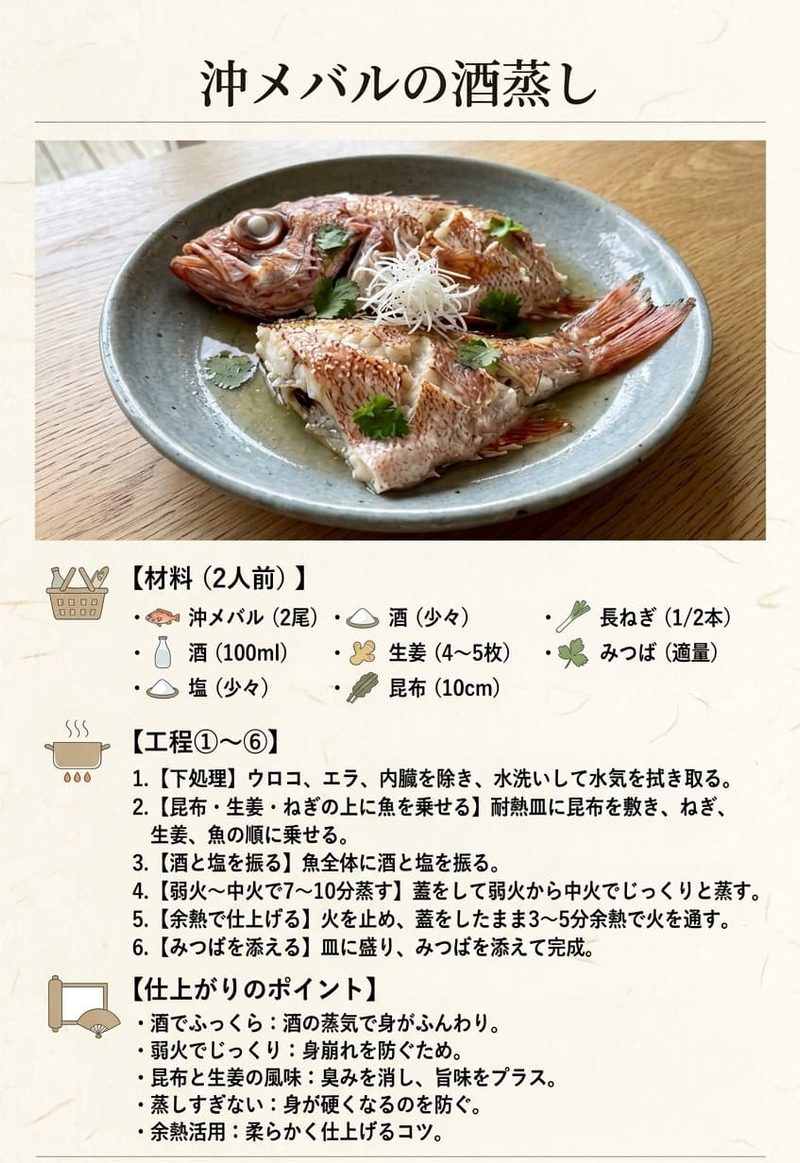 清潔感のある生成り背景の「沖メバルの酒蒸し」レシピインフォグラフィック。上品な和風深皿に盛り付けられた酒蒸しの写真とともに、材料・6つの調理手順・ふっくら仕上げるためのポイントをシンプルで優美な和モダンデザインで整理・解説。